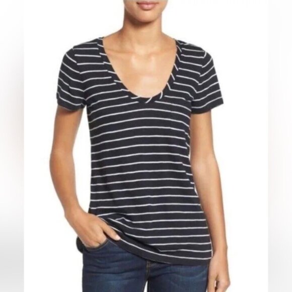 Caslon NEW Striped Cotton Modal V-Neck Pocket Boxy Shirt Top Lightweight White L - Picture 4 of 15